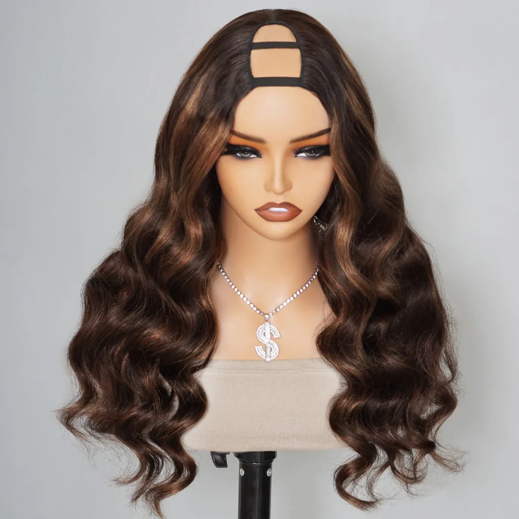 Highlight Brown U Part Wig Body Wave / Straight No Glue Easy Install