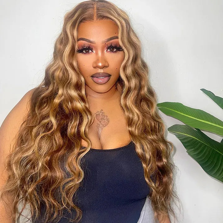 Highlight Honey Blonde Loose Deep Human Hair Lace Front Wigs 180% Density