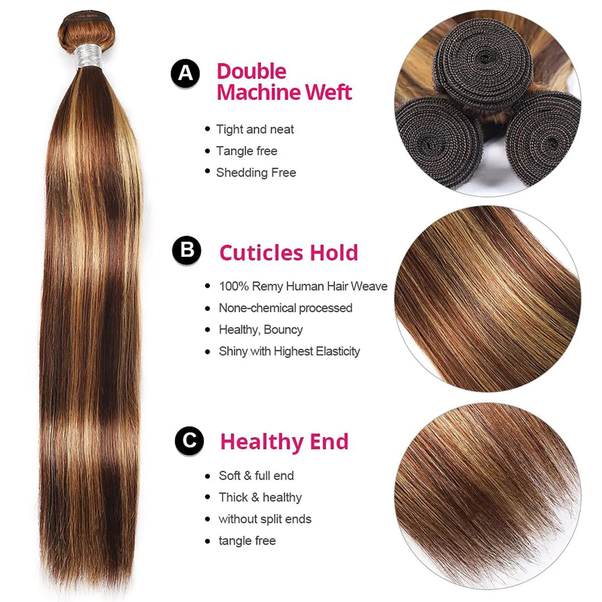 Balayage Highlight Honey Blonde Brazilian Straight Hair 3 Bundles 100% Human Hair Weave