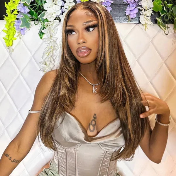 Layered Cut Highlight Straight Glueless 6x5 Lace Human Hair Wigs Put On and Go