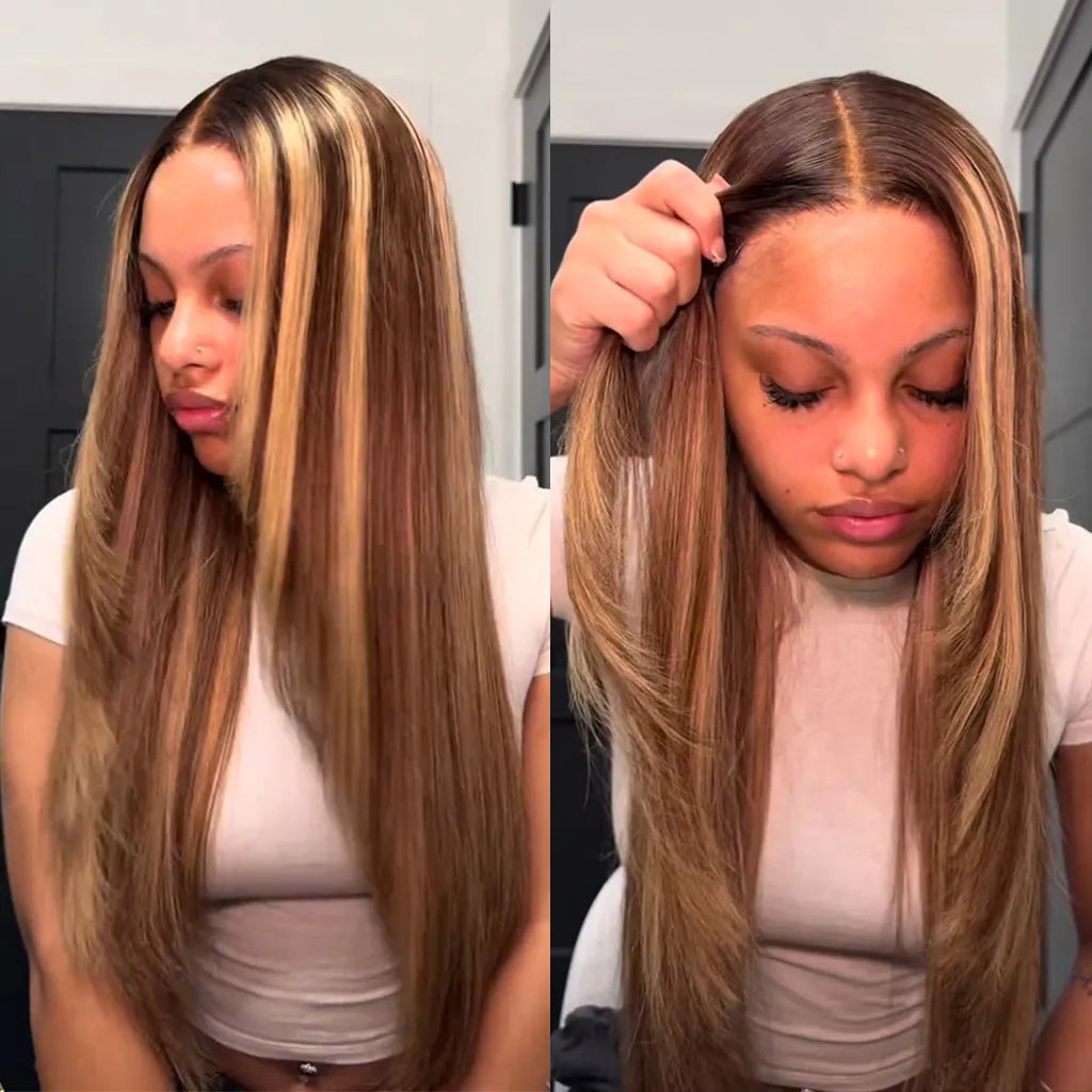 Layered Cut Highlight Straight Glueless 6x5 Lace Human Hair Wigs Put On and Go