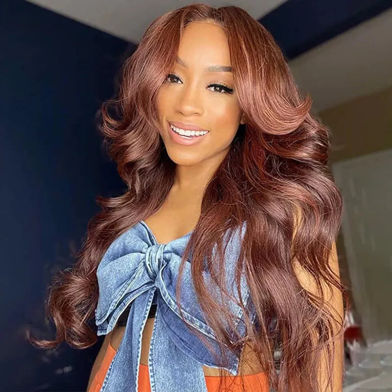 Reddish Brown Body Wave With Curtain Bangs Wig Glueless 6x5 Pre-Cut Lace Wig