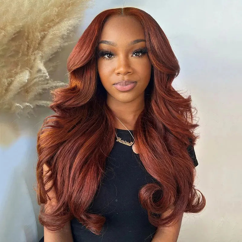 Reddish Brown Body Wave With Curtain Bangs Wig Glueless 6x5 Pre-Cut Lace Wig