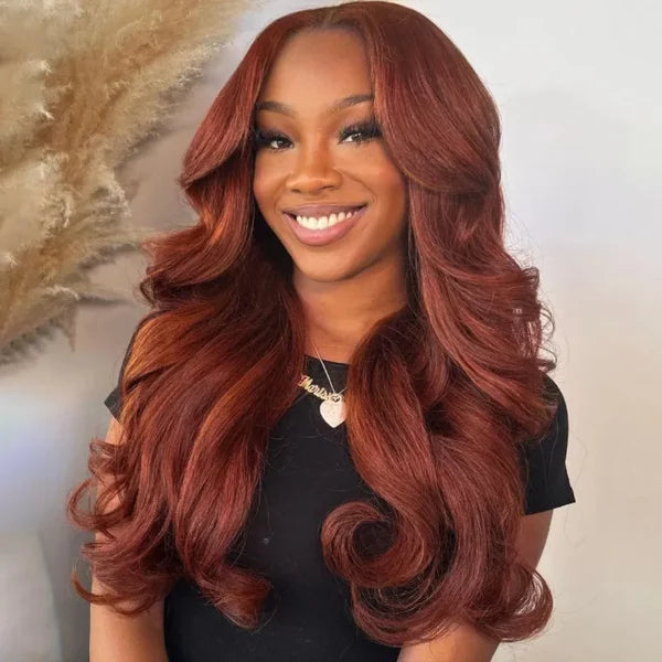Reddish Brown Body Wave With Curtain Bangs Wig Glueless 6x5 Pre-Cut Lace Wig