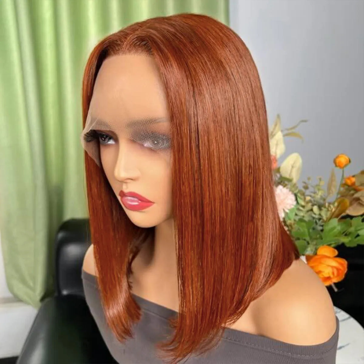 Reddish Brown Straight Bob Wig Glueless 4x6 Lace Closure Wig Easy Install