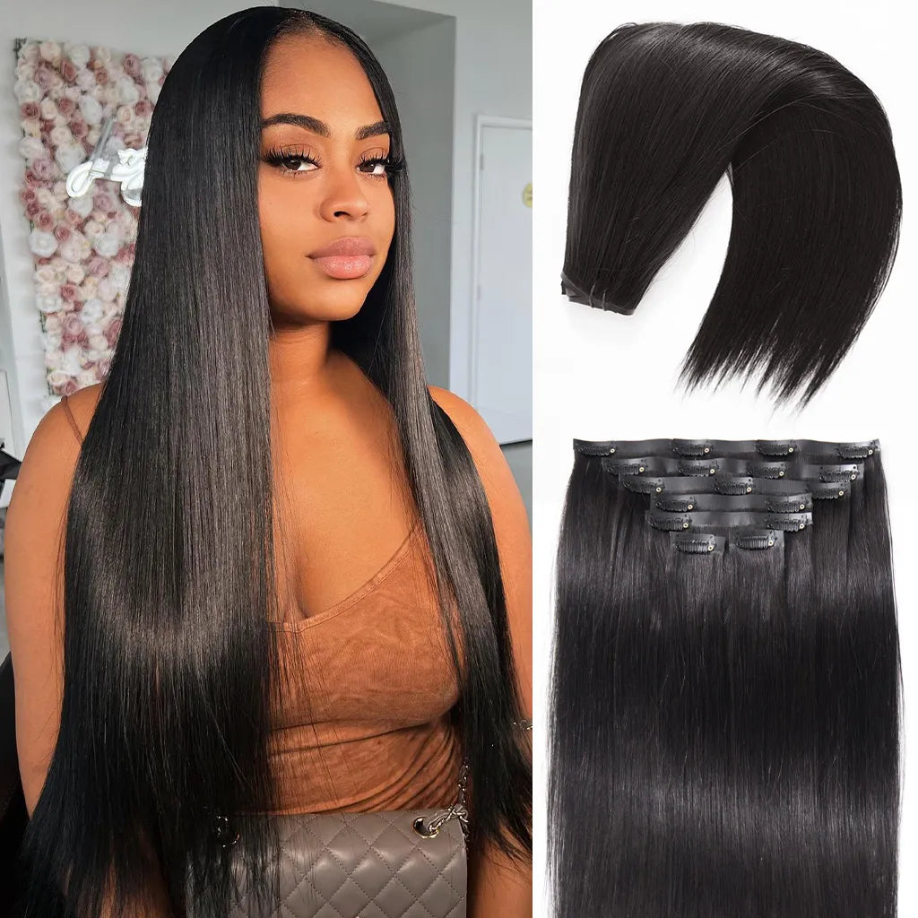 Seamless Clip In Hair Extensions Straight & Yaki Straight Virgin Human Hair 7pcs/pack Natural Black Color