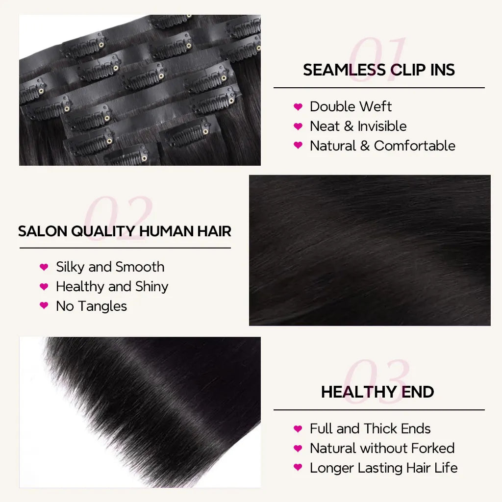 Seamless Clip In Hair Extensions Straight & Yaki Straight Virgin Human Hair 7pcs/pack Natural Black Color