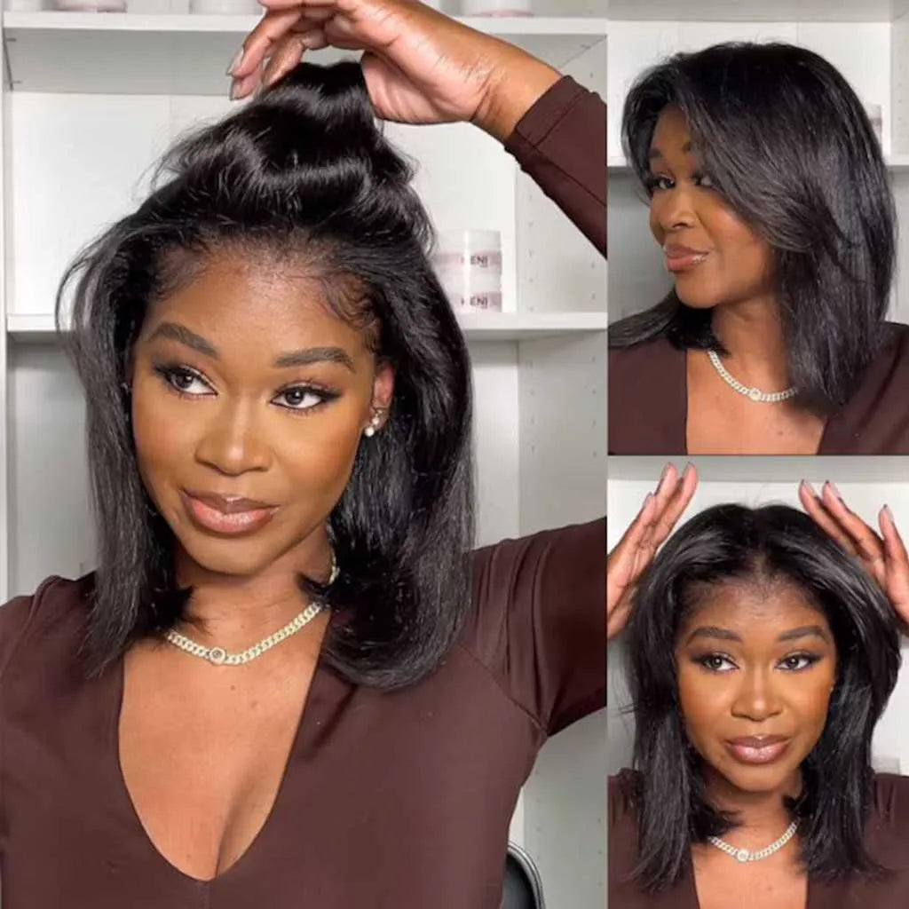 Yaki Straight Glueless Bob Wig 6x5 Pre-Cut HD Lace Bleached Knots Put On & Go