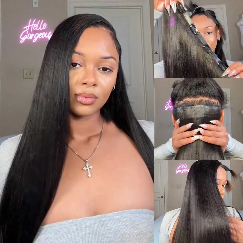 Seamless Clip In Hair Extensions Straight & Yaki Straight Virgin Human Hair 7pcs/pack Natural Black Color