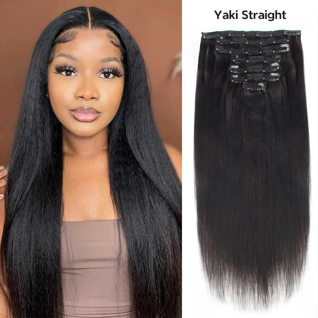 Seamless Clip In Hair Extensions Straight & Yaki Straight Virgin Human Hair 7pcs/pack Natural Black Color