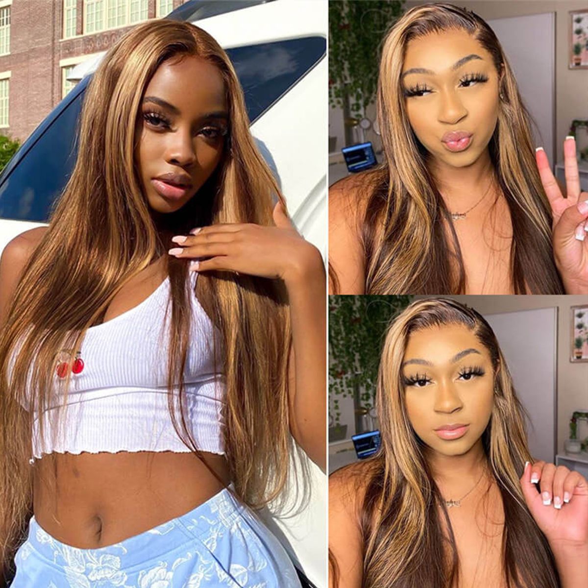 Highlight Honey Blonde Straight Hair Lace Front Wigs 180% Density