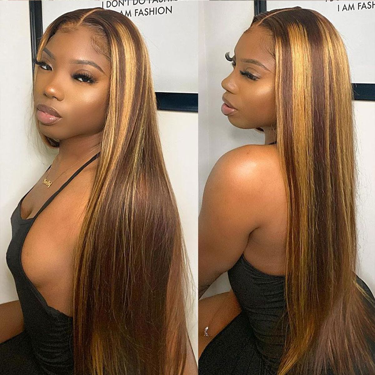 Highlight Honey Blonde Straight Hair Lace Front Wigs 180% Density