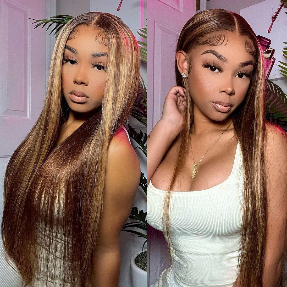 Highlight Honey Blonde Straight Hair Lace Front Wigs 180% Density
