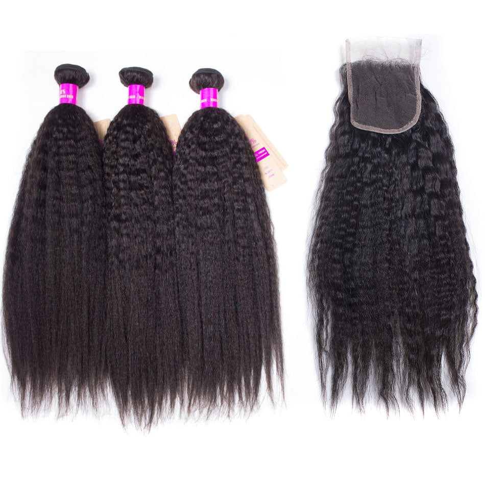 Brazilian Kinky Straight Virgin Hair 3 Bundles with Lace Closure