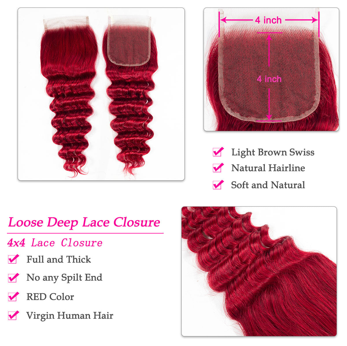 Red Human Hair Brazilian Loose Deep Wave Bundles with Closure