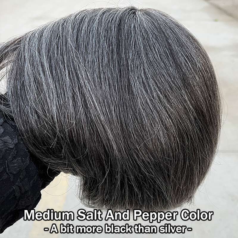 Trendy Salt & Pepper Natural Straight Wavy Bob Wear Go Glueless Human Hair Wigs With Bangs For Mature Women