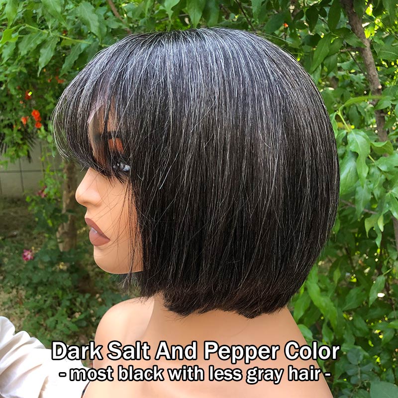 Trendy Salt & Pepper Natural Straight Wavy Bob Wear Go Glueless Human Hair Wigs With Bangs For Mature Women