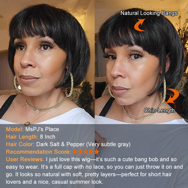 Trendy Salt & Pepper Natural Straight Wavy Bob Wear Go Glueless Human Hair Wigs With Bangs For Mature Women