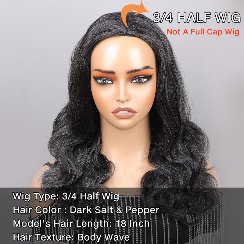 Medium Salt And Pepper Body Wave Human Hair 3 in 1 Half Wig Ready To Go Grey Wigs
