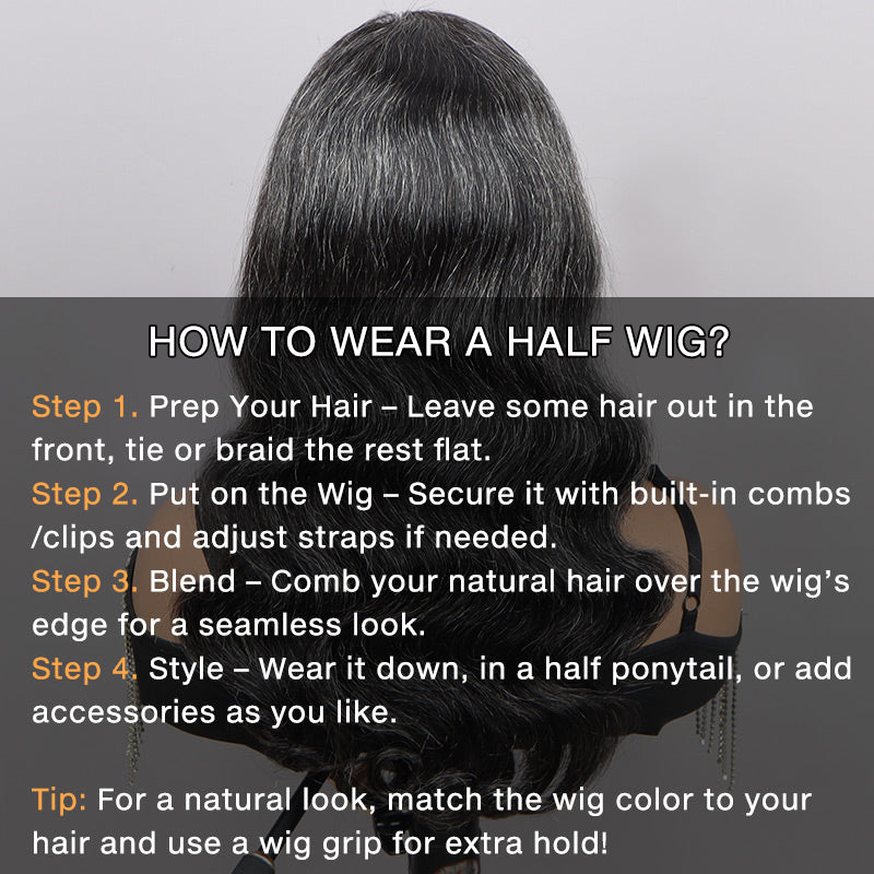 Medium Salt And Pepper Body Wave Human Hair 3 in 1 Half Wig Ready To Go Grey Wigs