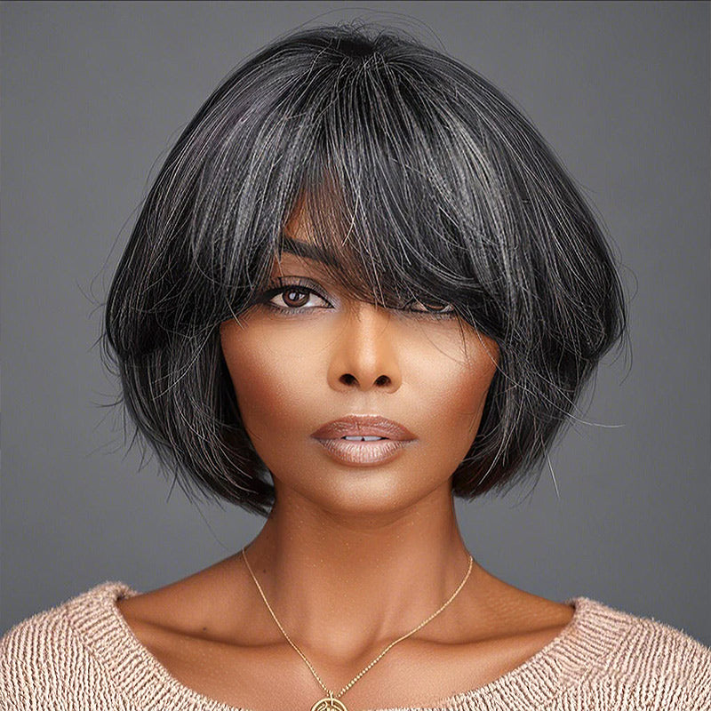 Trendy Salt & Pepper Natural Straight Wavy Bob Wear Go Glueless Human Hair Wigs With Bangs For Mature Women