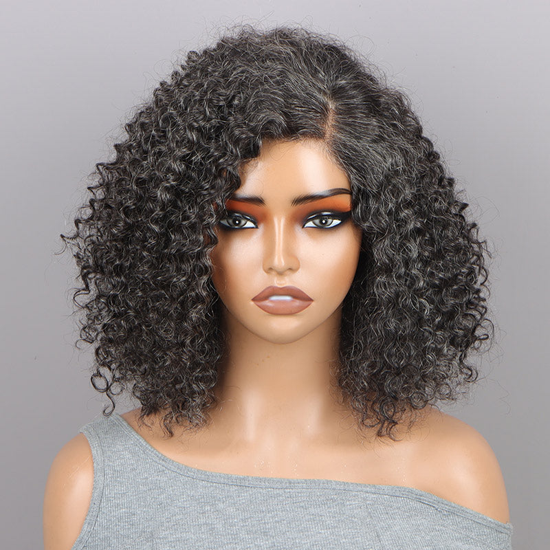 Seniors Medium Salt & Pepper Jerry Curly Bob Handmade 5x5 HD Lace Real Human Hair Wigs For Mom