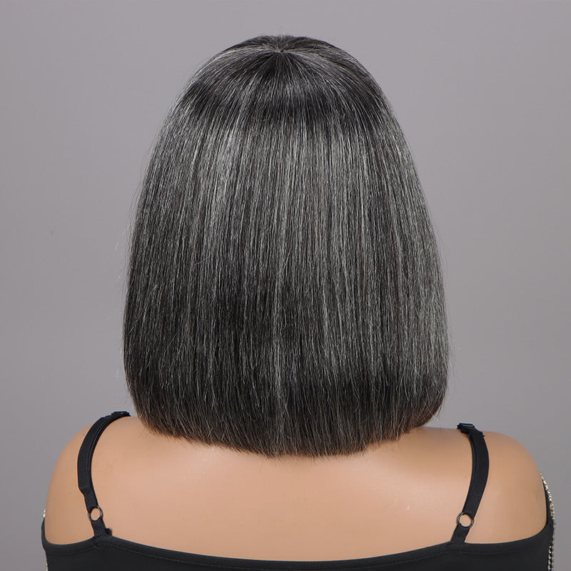 Chic Medium Salt & Pepper Straight Bob Wig With Bangs Real Glueless Human Hair Wigs For Women