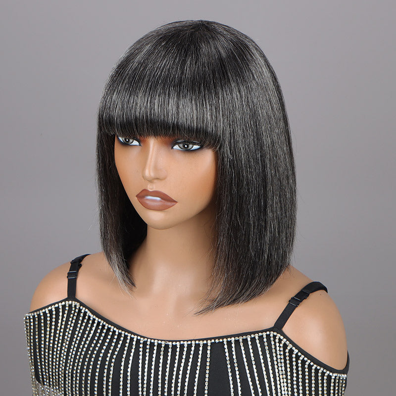 Chic Medium Salt & Pepper Straight Bob Wig With Bangs Real Glueless Human Hair Wigs For Women