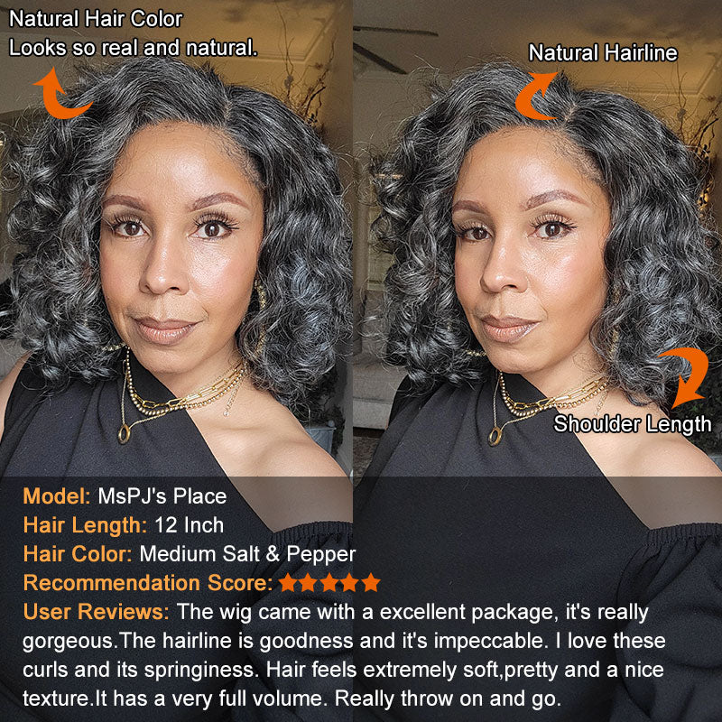 Medium Salt And Pepper Wig Water Wave Human Hair 5x5 Lace Bob Throw On & Go Wigs For Mature Women