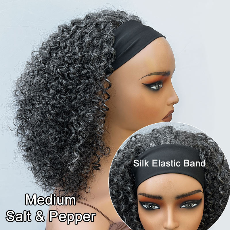 Medium Salt & Pepper Kinky Curly 100% Human Hair Headband Wig For Black Women Dark Sliver Grey