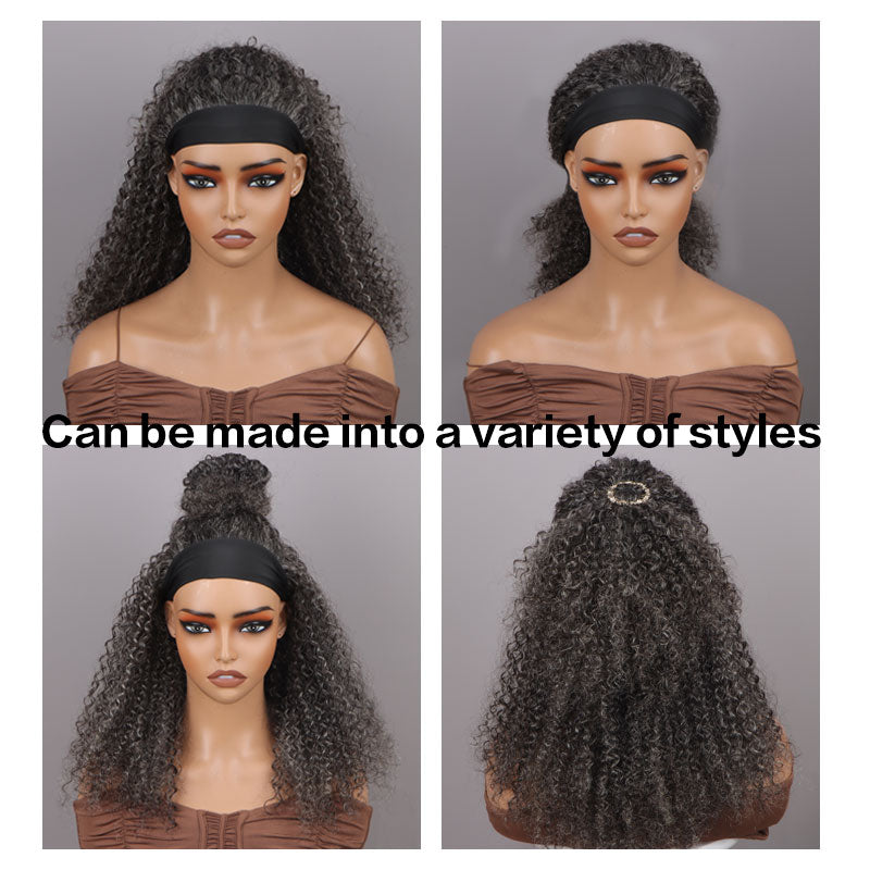 Medium Salt & Pepper Kinky Curly 100% Human Hair Headband Wig For Black Women Dark Sliver Grey