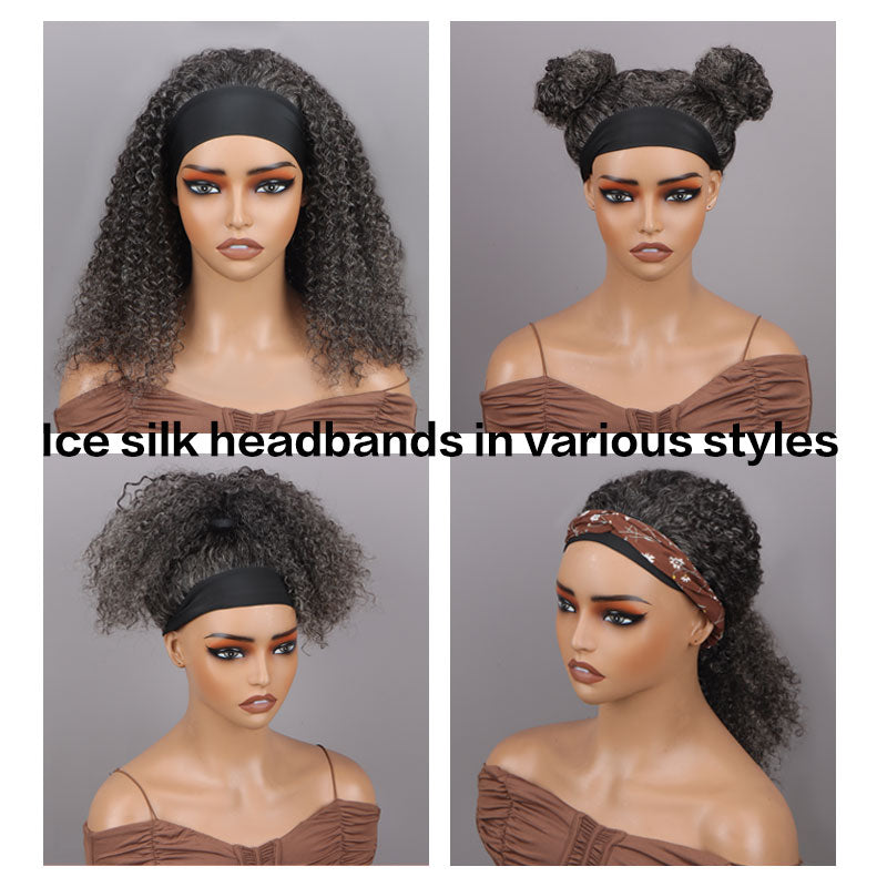 Medium Salt & Pepper Kinky Curly 100% Human Hair Headband Wig For Black Women Dark Sliver Grey