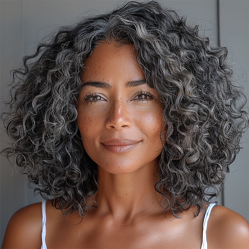 Medium Salt And Pepper Wig Water Wave Human Hair 5x5 Lace Bob Throw On & Go Wigs For Mature Women