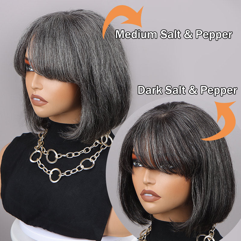 Trendy Salt & Pepper Natural Straight Wavy Bob Wear Go Glueless Human Hair Wigs With Bangs For Mature Women