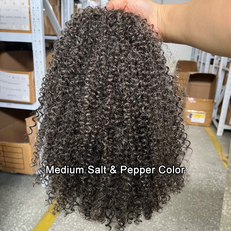 Medium Salt And Pepper Afro Curly Human Hair 3 In 1 Half Wig Ready To Go Wig For Older Women