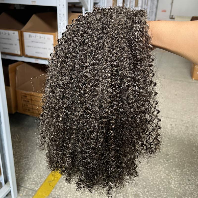 Medium Salt And Pepper Afro Curly Human Hair 3 In 1 Half Wig Ready To Go Wig For Older Women