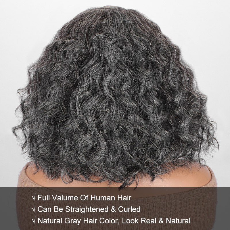 Medium Salt And Pepper Wig Water Wave Human Hair 5x5 Lace Bob Throw On & Go Wigs For Mature Women