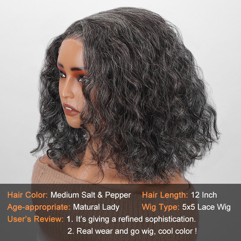Medium Salt And Pepper Wig Water Wave Human Hair 5x5 Lace Bob Throw On & Go Wigs For Mature Women