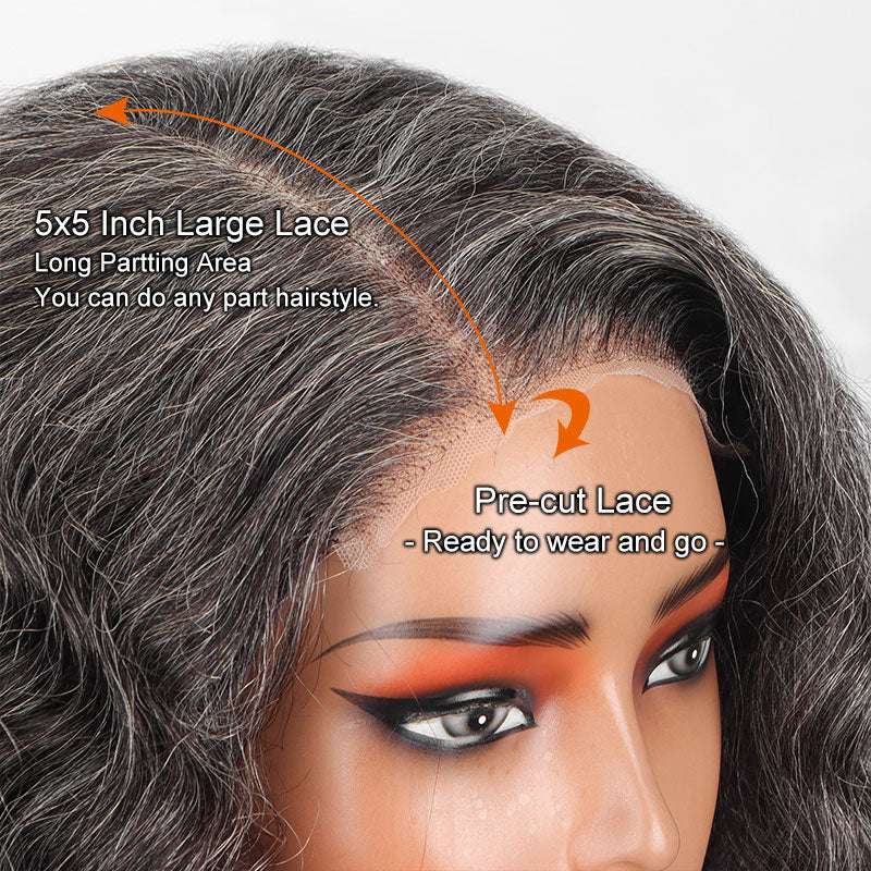 Medium Salt And Pepper Wig Water Wave Human Hair 5x5 Lace Bob Throw On & Go Wigs For Mature Women