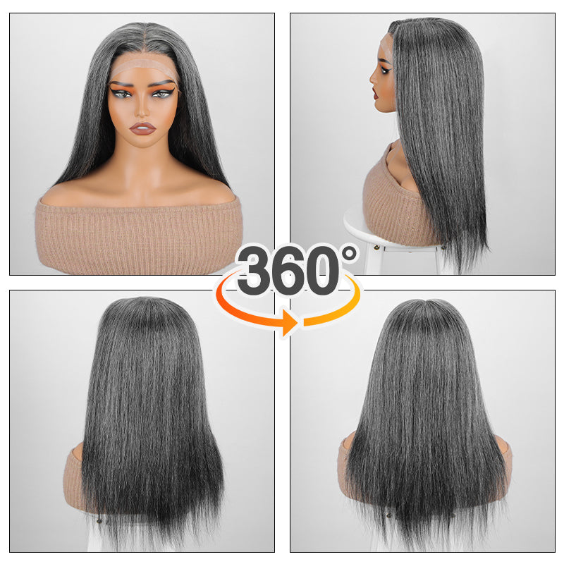 Glueless Medical Wig For Hair Loss Silk Top Full Lace Straight Human Hair Wigs Medium Salt & Pepper Gray Color