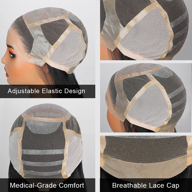 Glueless Medical Wig For Hair Loss Silk Top Full Lace Straight Human Hair Wigs Medium Salt & Pepper Gray Color