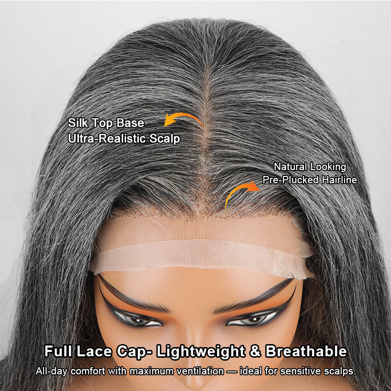 Glueless Medical Wig For Hair Loss Silk Top Full Lace Straight Human Hair Wigs Medium Salt & Pepper Gray Color