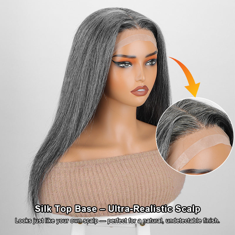 Glueless Medical Wig For Hair Loss Silk Top Full Lace Straight Human Hair Wigs Medium Salt & Pepper Gray Color