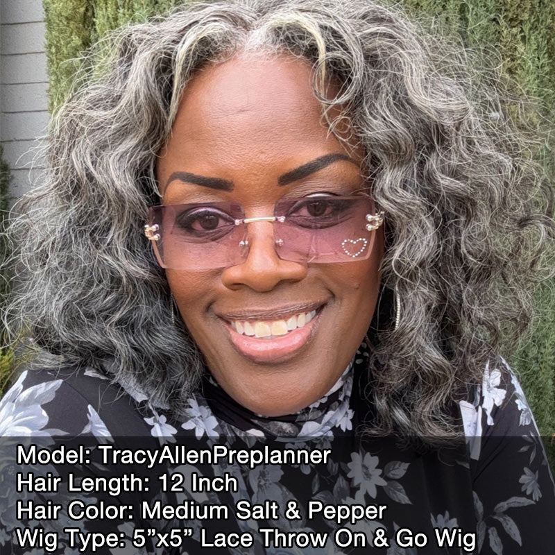 Medium Salt And Pepper Wig Water Wave Human Hair 5x5 Lace Bob Throw On & Go Wigs For Mature Women