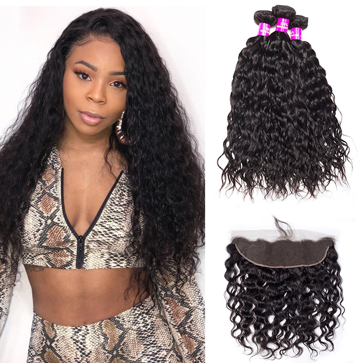 3 Bundles Water Wave Hair Bundles with HD Lace Frontal Closure