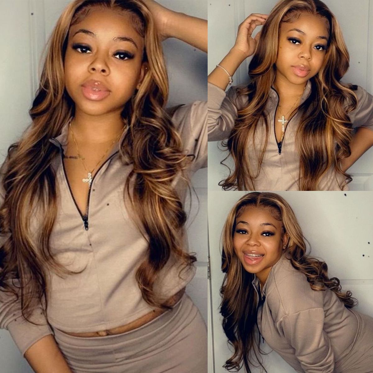 Balayage Highlight Honey Blonde Body Wave Lace Front Wigs 180% Density Wig
