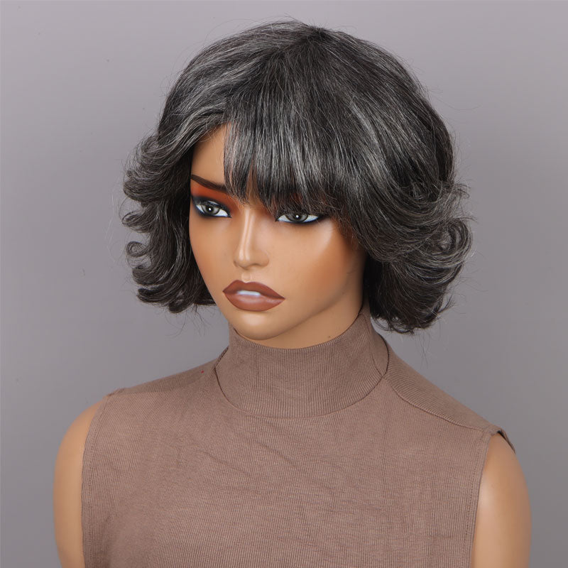 Trendy Medium Salt and Pepper Natural Wavy Bob Wear Go Glueless Human Hair Wigs With Bangs For Women Over 50