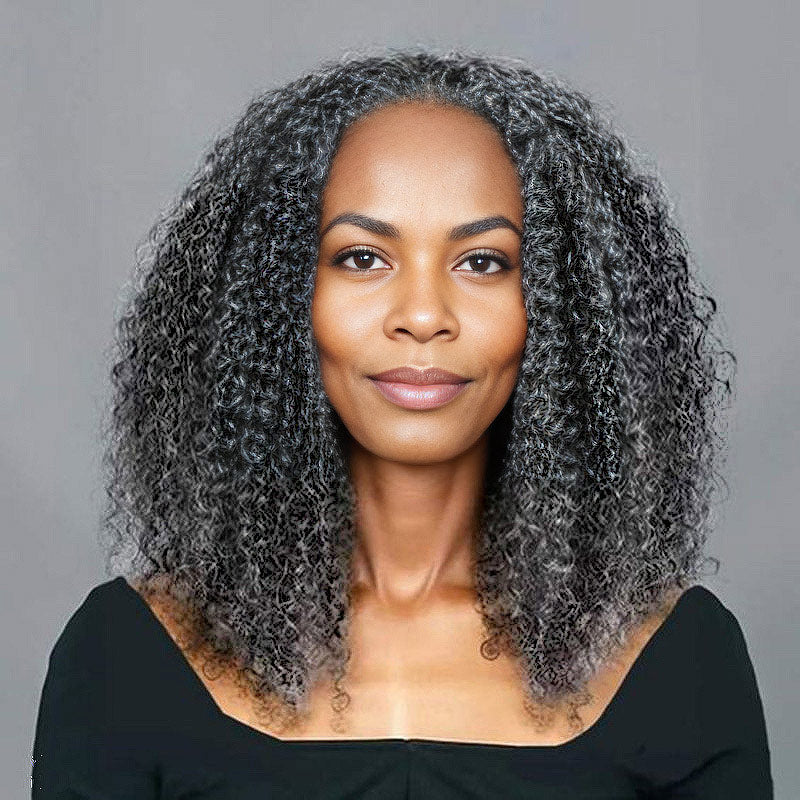 Medium Salt And Pepper Afro Curly Human Hair 3 In 1 Half Wig Ready To Go Wig For Older Women