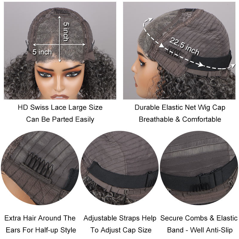 Seniors Medium Salt & Pepper Jerry Curly Bob Handmade 5x5 HD Lace Real Human Hair Wigs For Mom