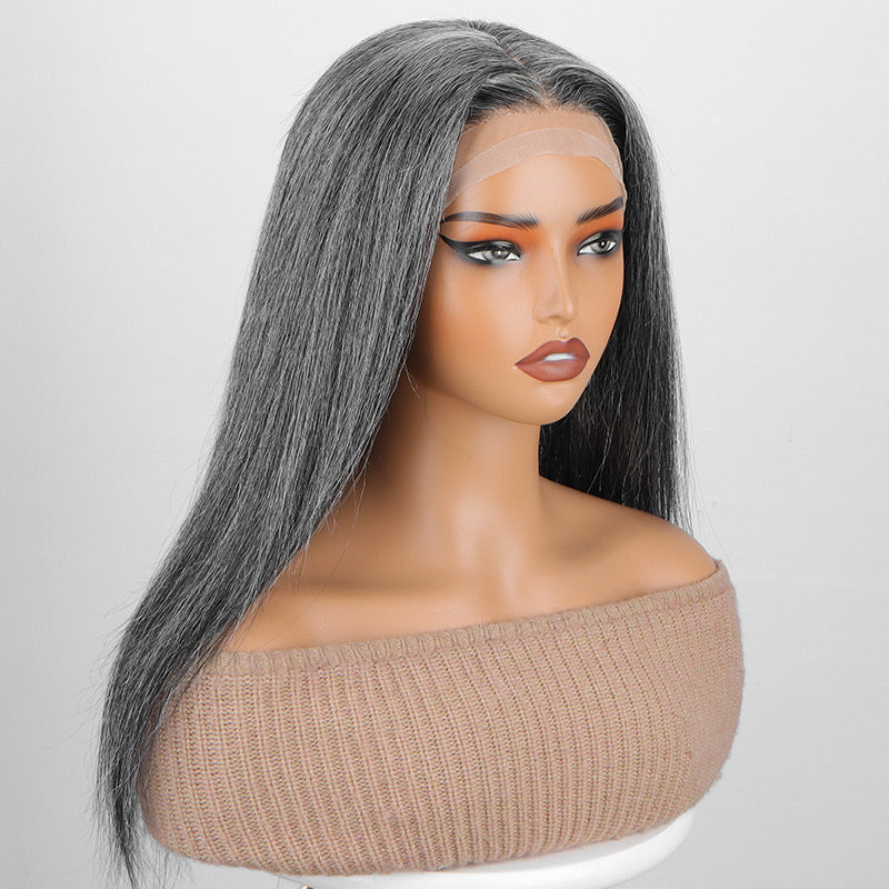 Glueless Medical Wig For Hair Loss Silk Top Full Lace Straight Human Hair Wigs Medium Salt & Pepper Gray Color